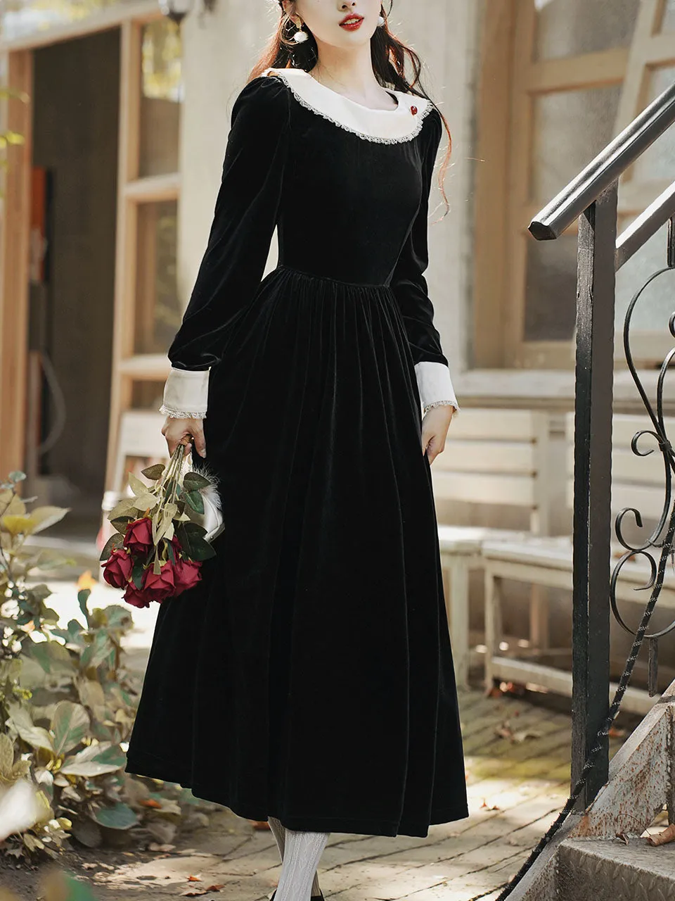White Bertha Collar 1950S Black Velvet Hepburn Style Vintage Dress