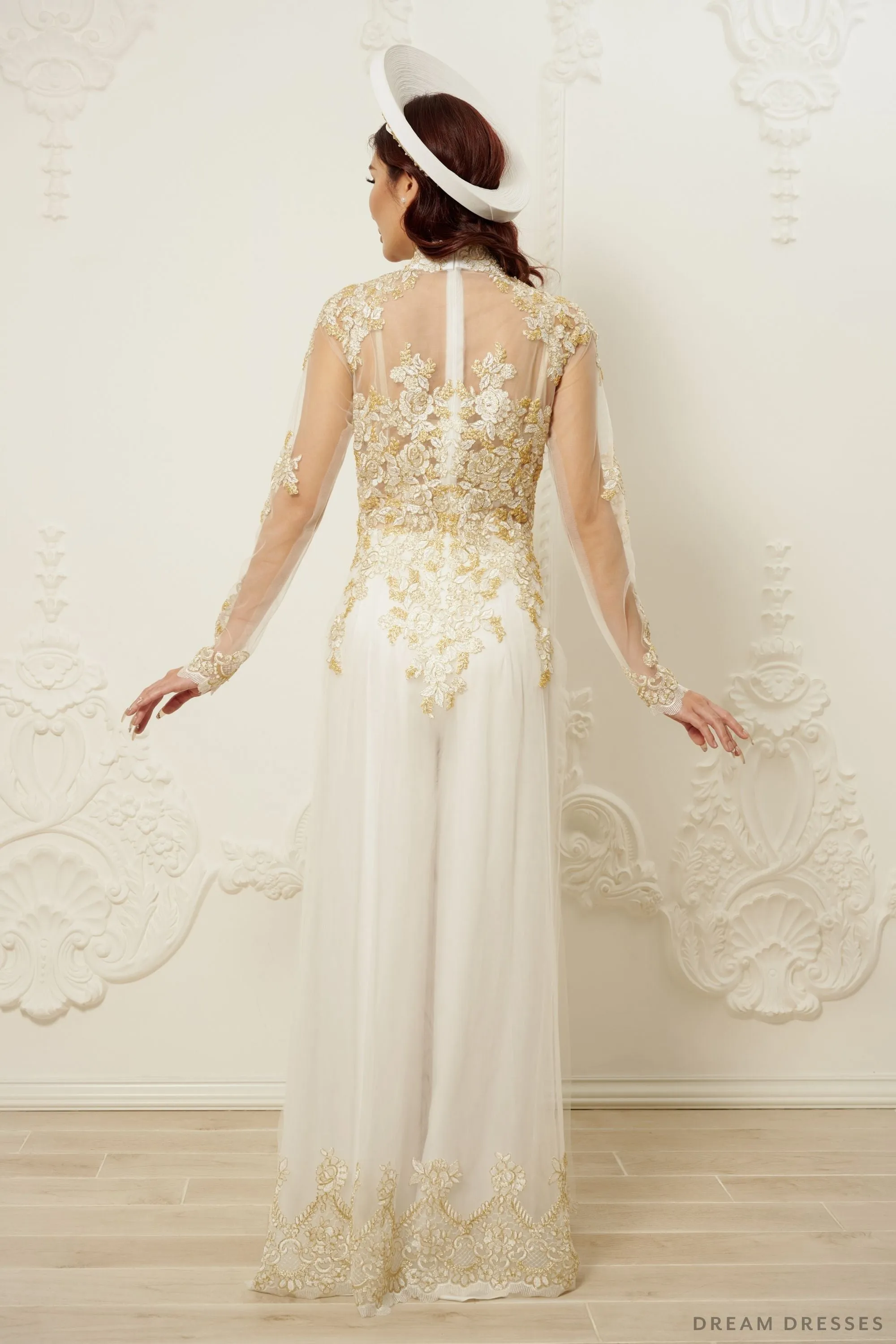 White Bridal Ao Dai | Vietnamese Traditional Bridal Dress with Gold Lace (#JIAYI)