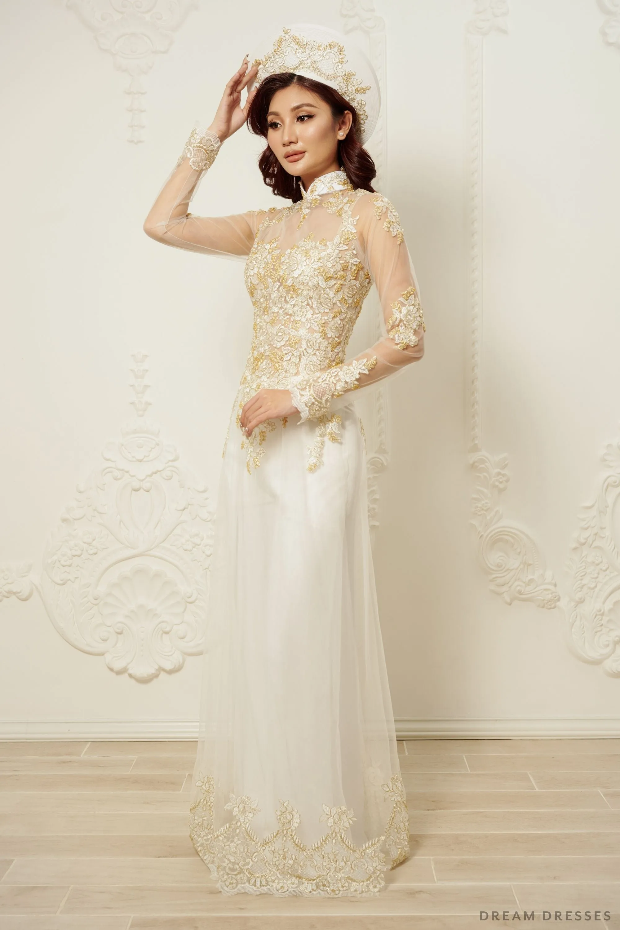 White Bridal Ao Dai | Vietnamese Traditional Bridal Dress with Gold Lace (#JIAYI)