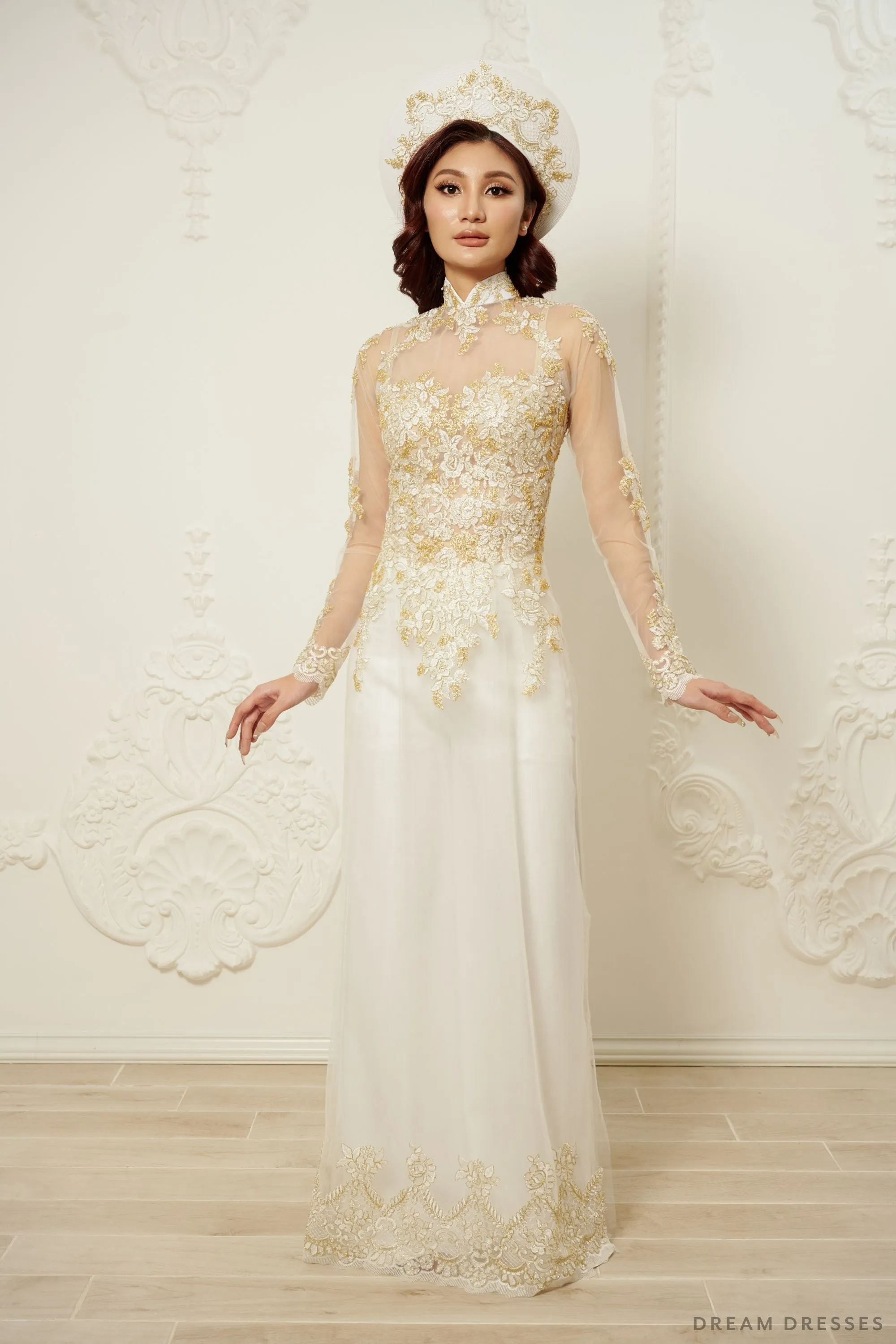 White Bridal Ao Dai | Vietnamese Traditional Bridal Dress with Gold Lace (#JIAYI)