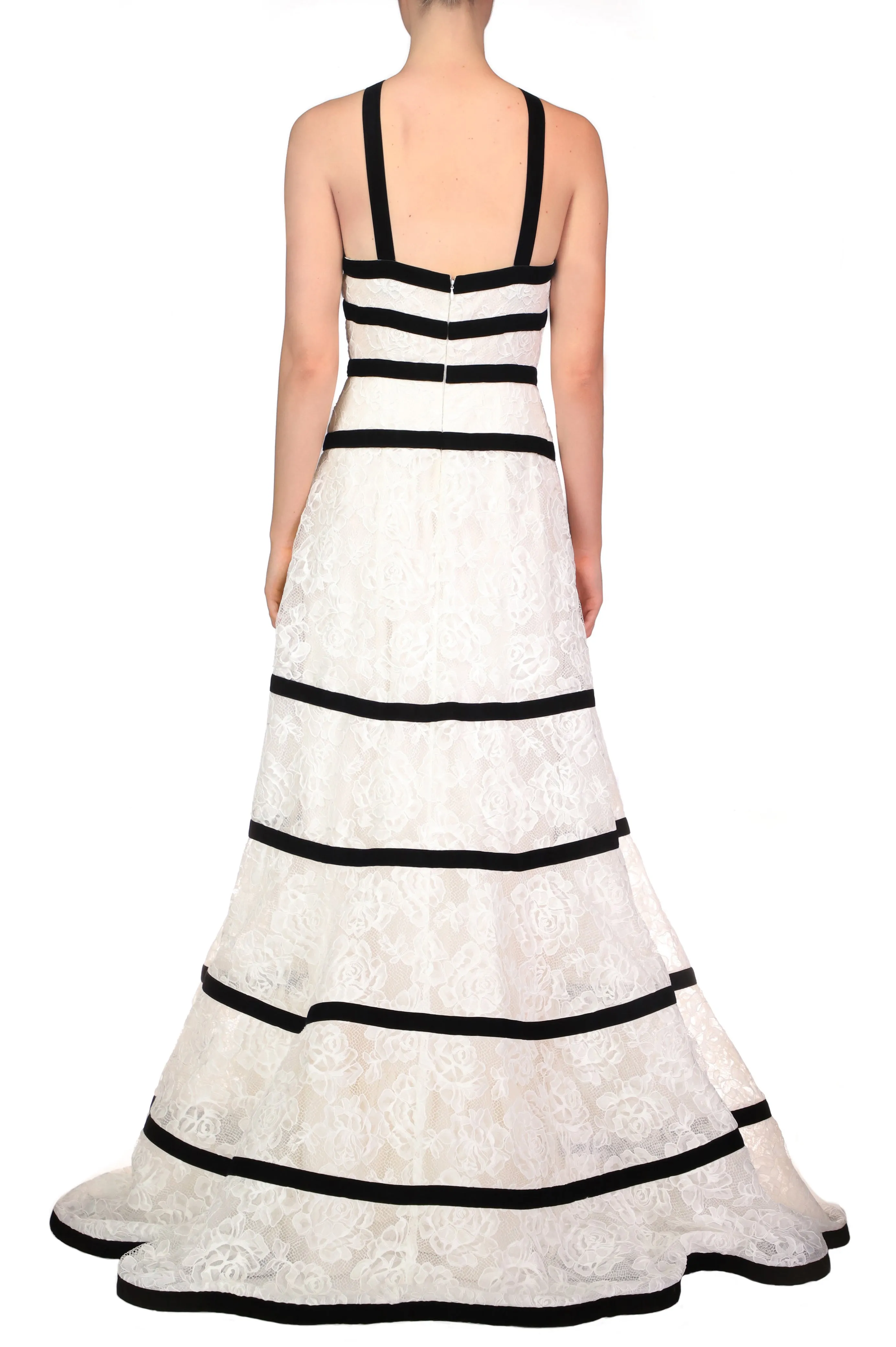 White Chorded Lace Halter Gown With Velvet Ribbon Detail