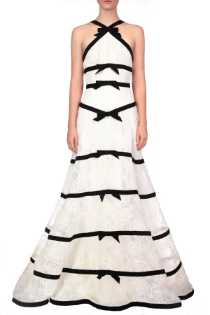 White Chorded Lace Halter Gown With Velvet Ribbon Detail
