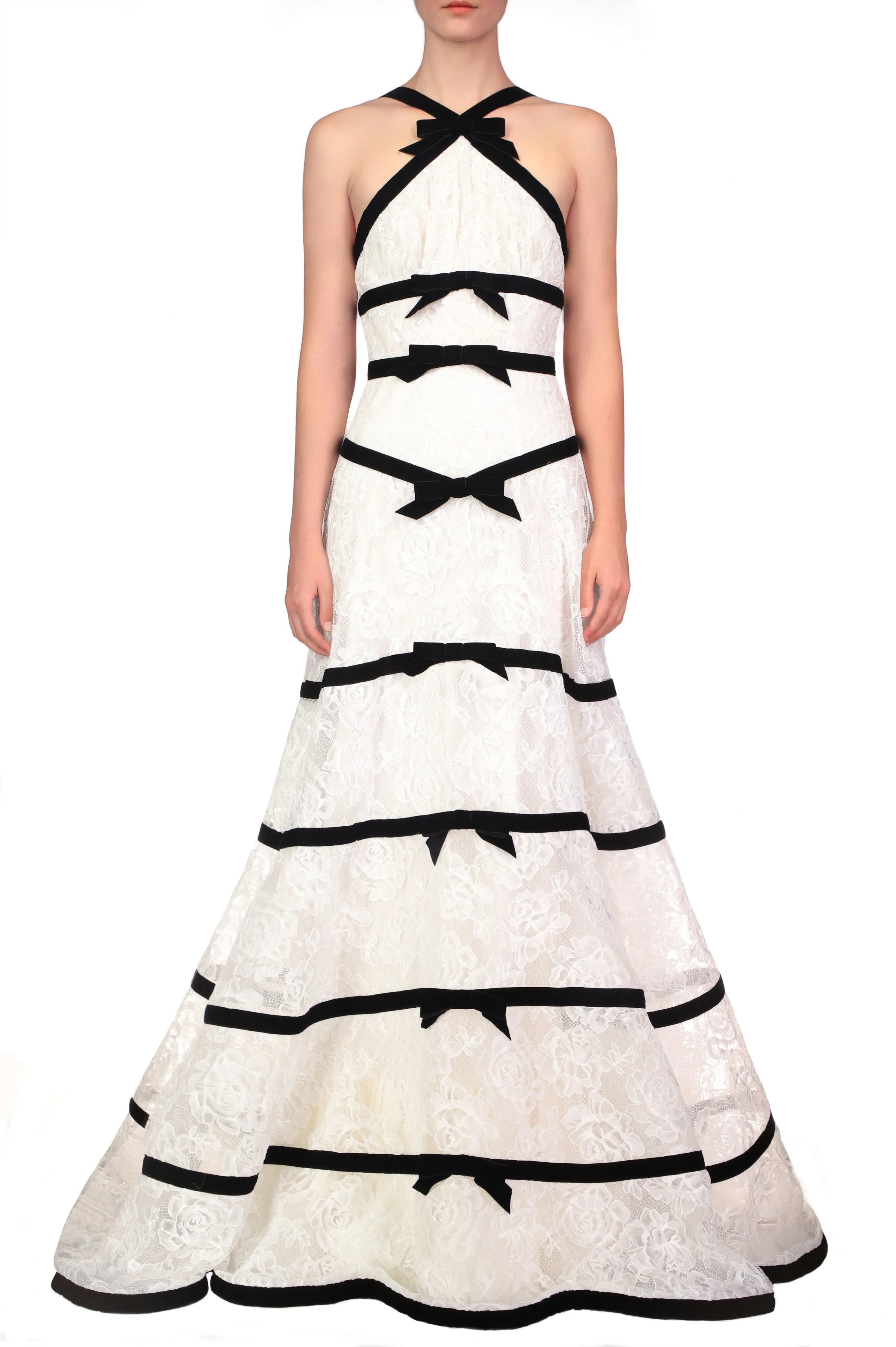 White Chorded Lace Halter Gown With Velvet Ribbon Detail