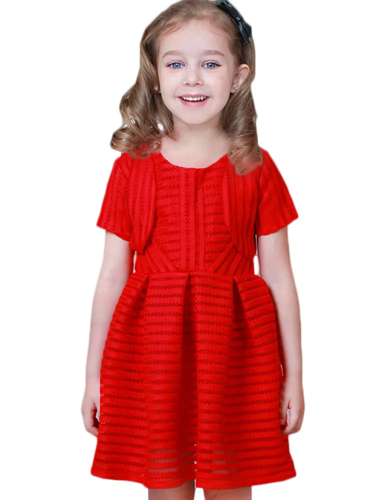 White Jewel Neck Cotton Blend Short Sleeves Tea-Length A-Line Pleated Kids Social Party Dresses