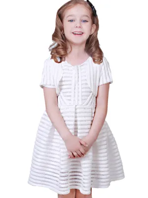 White Jewel Neck Cotton Blend Short Sleeves Tea-Length A-Line Pleated Kids Social Party Dresses