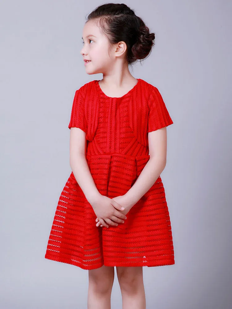 White Jewel Neck Cotton Blend Short Sleeves Tea-Length A-Line Pleated Kids Social Party Dresses