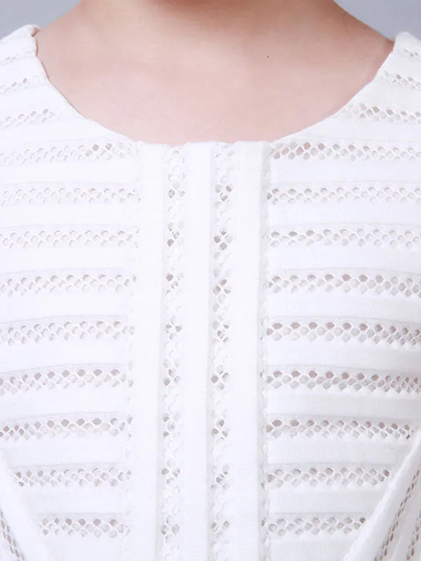 White Jewel Neck Cotton Blend Short Sleeves Tea-Length A-Line Pleated Kids Social Party Dresses