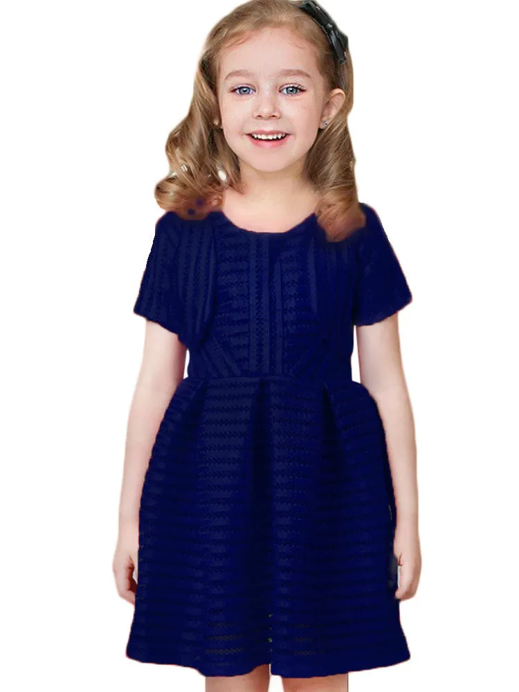 White Jewel Neck Cotton Blend Short Sleeves Tea-Length A-Line Pleated Kids Social Party Dresses