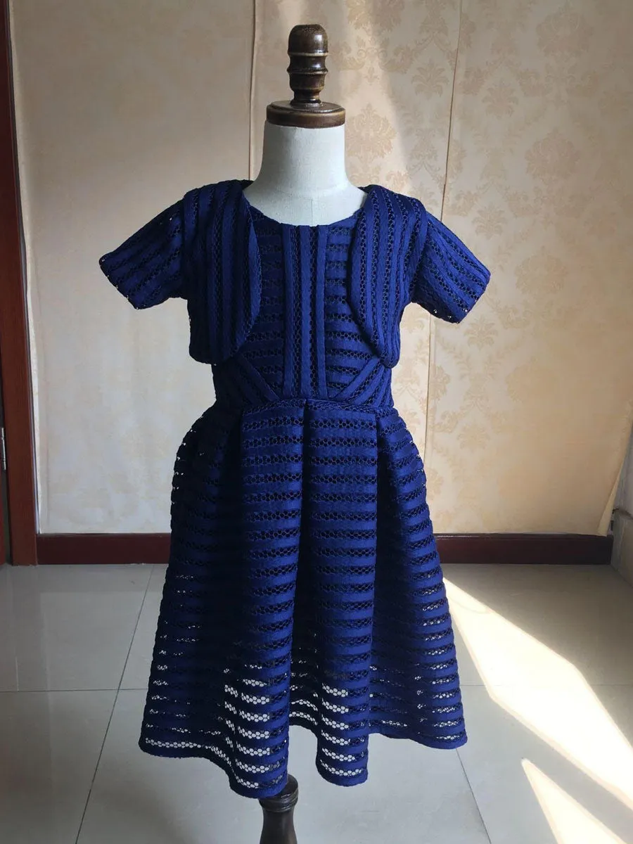 White Jewel Neck Cotton Blend Short Sleeves Tea-Length A-Line Pleated Kids Social Party Dresses