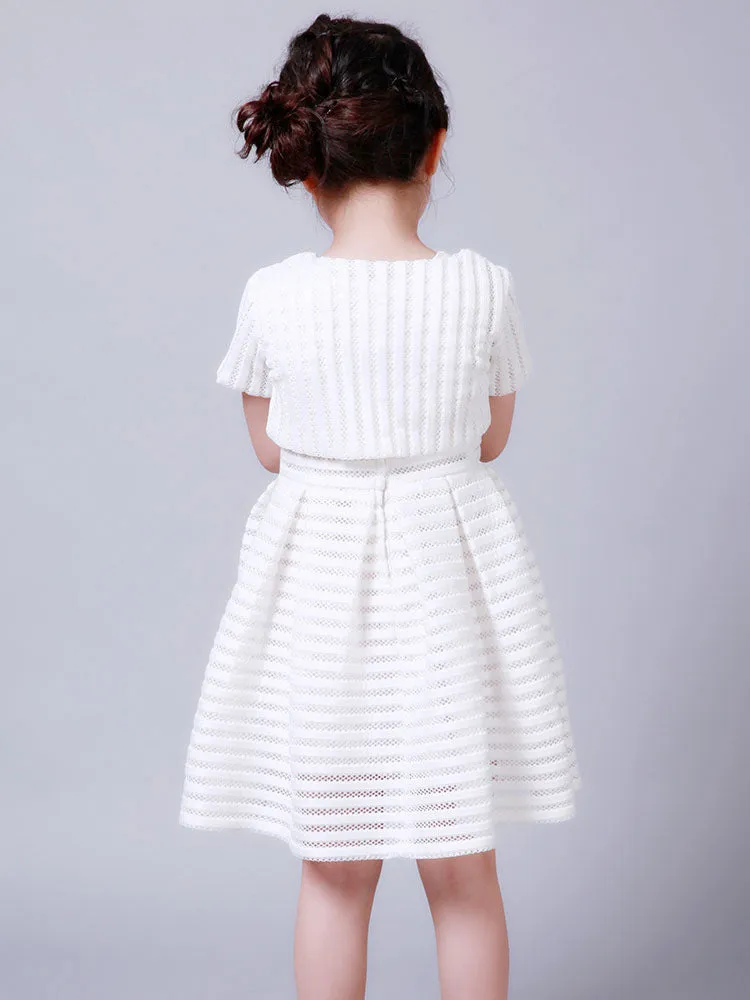 White Jewel Neck Cotton Blend Short Sleeves Tea-Length A-Line Pleated Kids Social Party Dresses