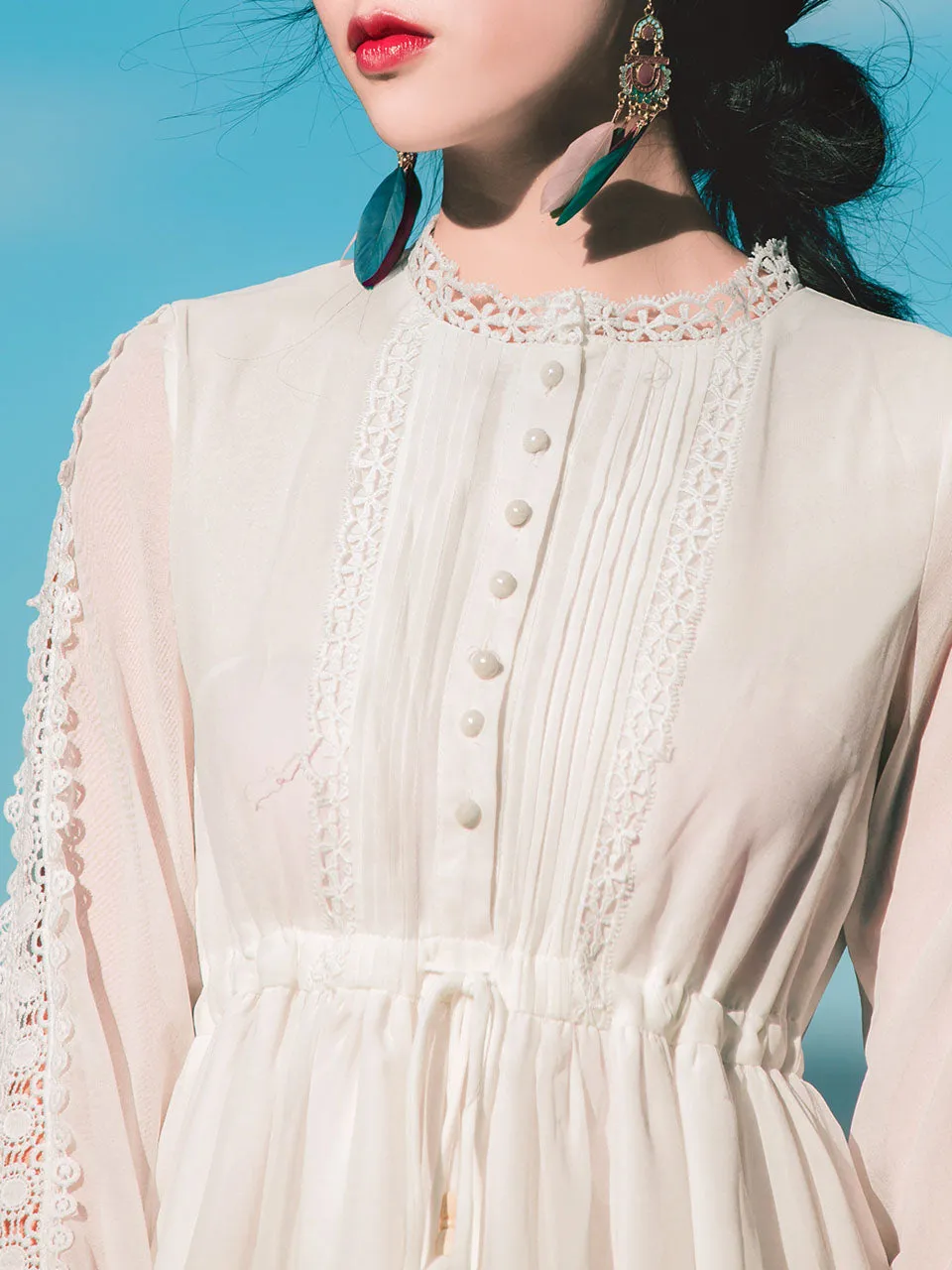 White Lace Collar Floral Embroidered Romantic 1950S Dress