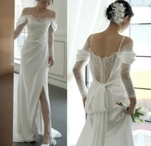 White Off The Shoulder Wedding Dress Long Prom Gown    fg4195