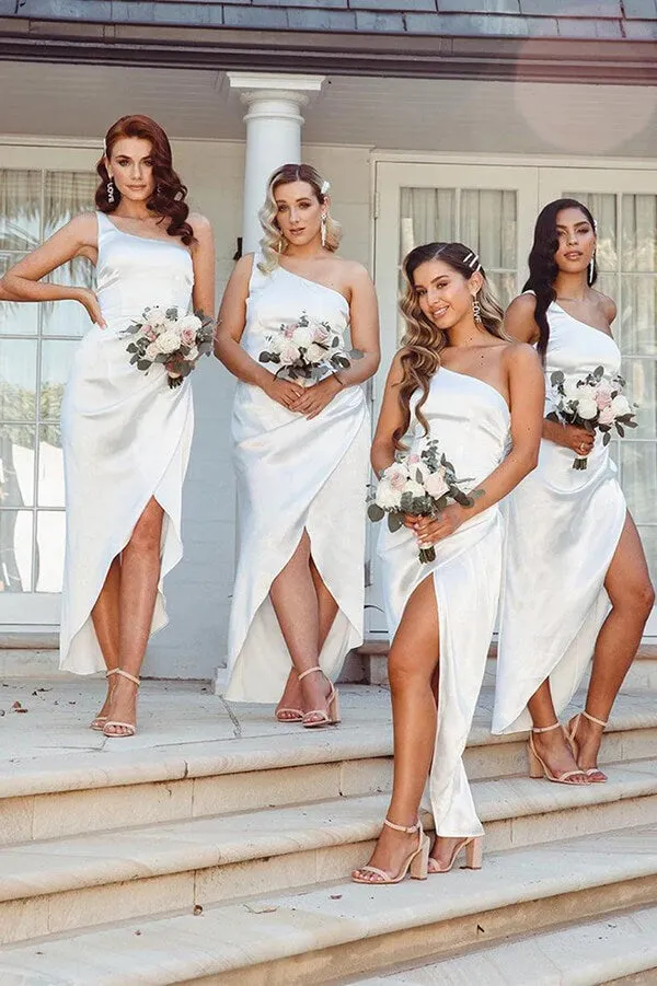 White Satin One Shoulder Bridesmaid Dresses, Wedding Party Dresses, MBD188