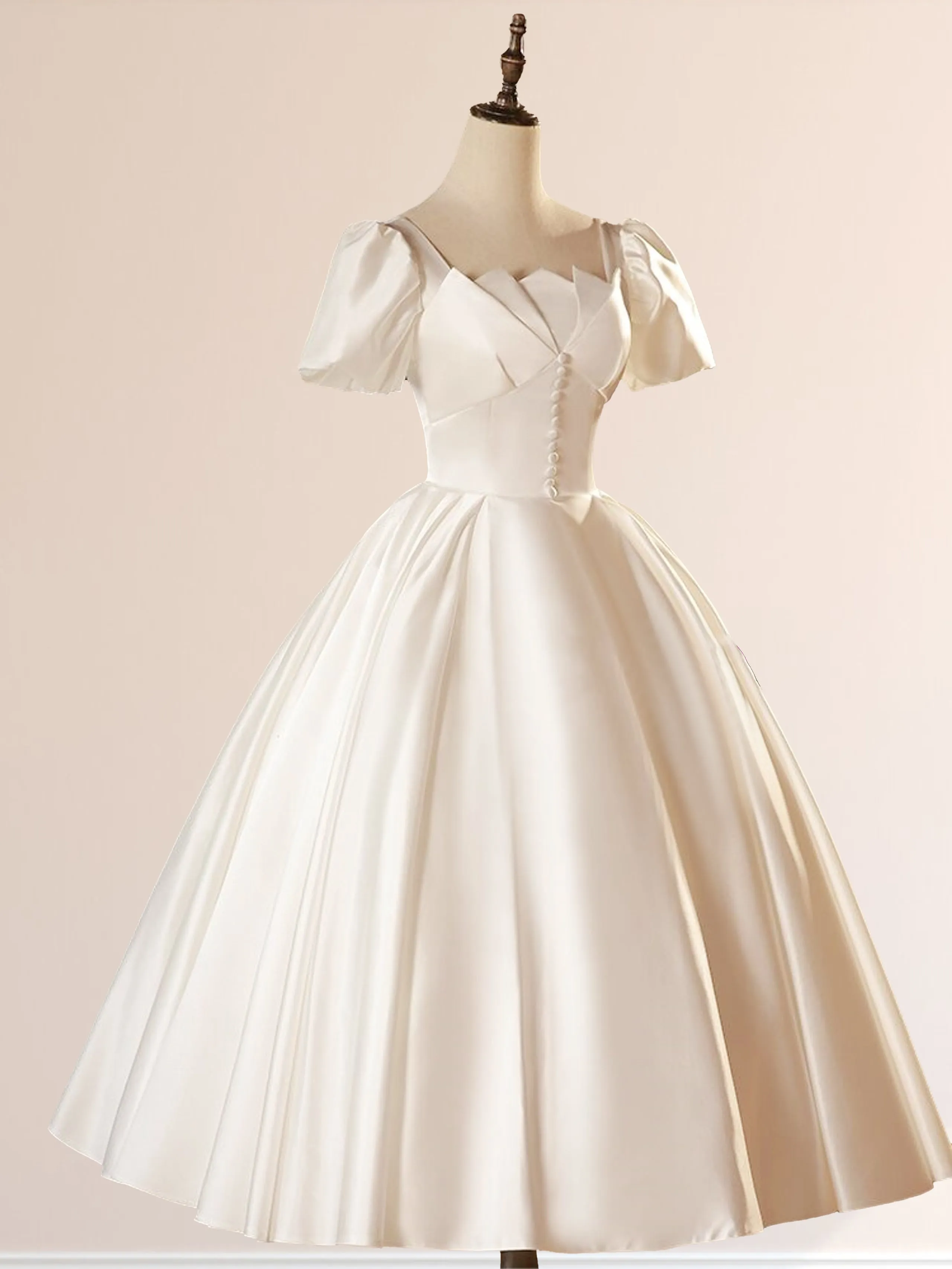 White Satin Square Neck Short Sleeve Lace Up Wedding Dress