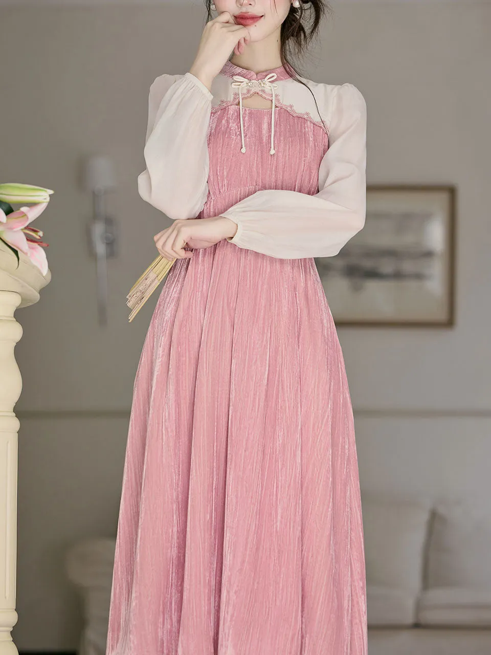 White Tulle Long Sleeve Pink Velvet Vintage Dress