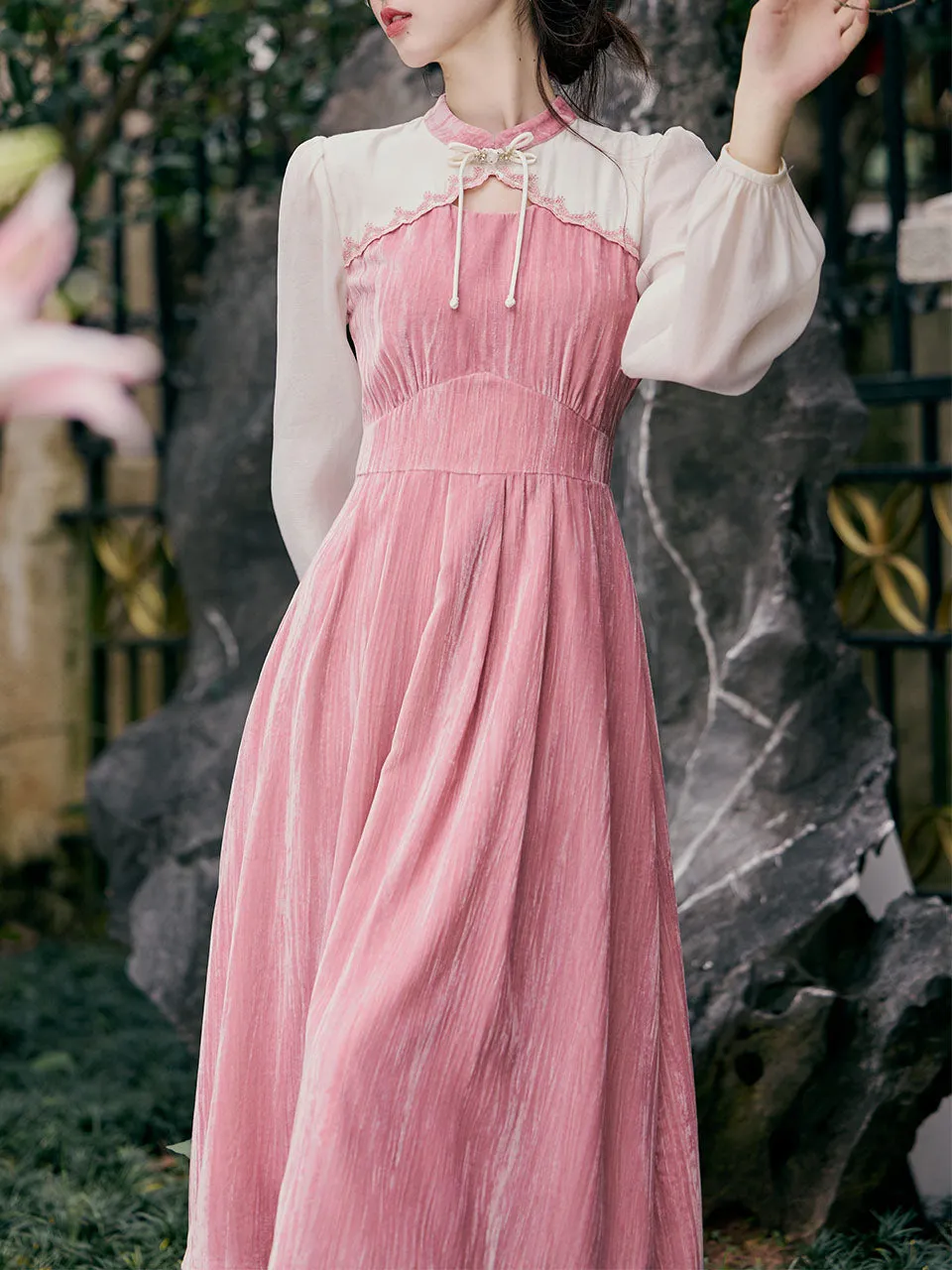 White Tulle Long Sleeve Pink Velvet Vintage Dress