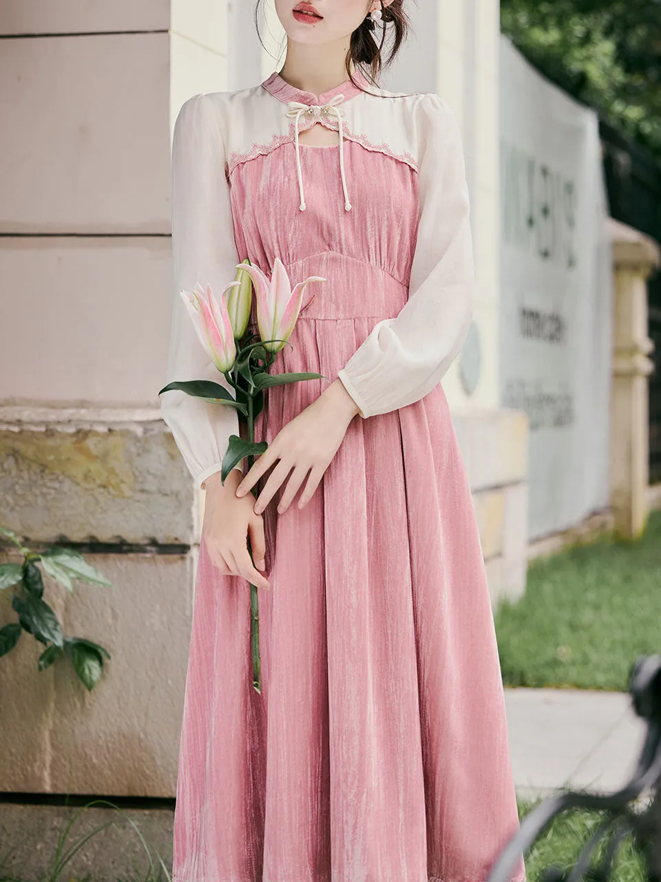 White Tulle Long Sleeve Pink Velvet Vintage Dress