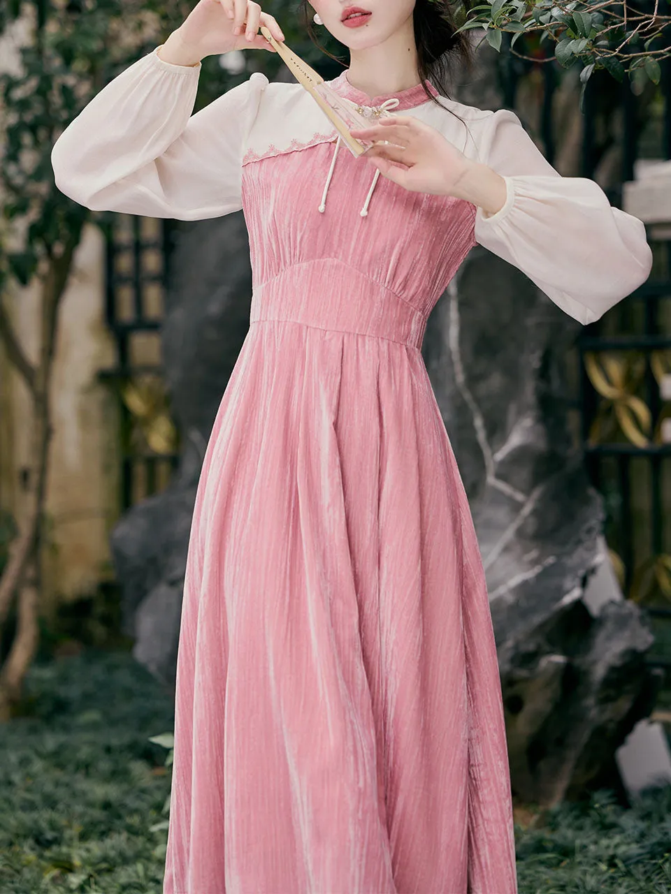 White Tulle Long Sleeve Pink Velvet Vintage Dress