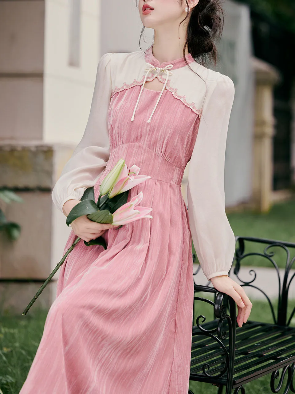 White Tulle Long Sleeve Pink Velvet Vintage Dress