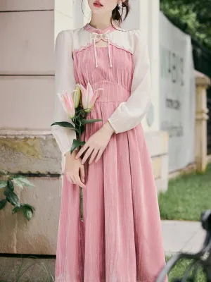 White Tulle Long Sleeve Pink Velvet Vintage Dress