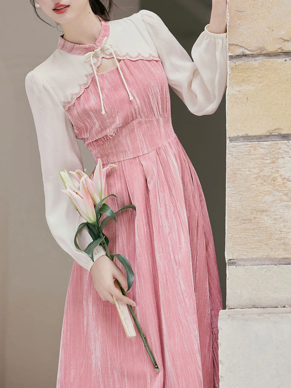 White Tulle Long Sleeve Pink Velvet Vintage Dress