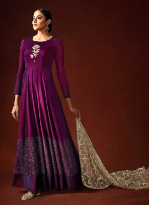 Wine Embroidered Floor Touch Anarkali Style Gown