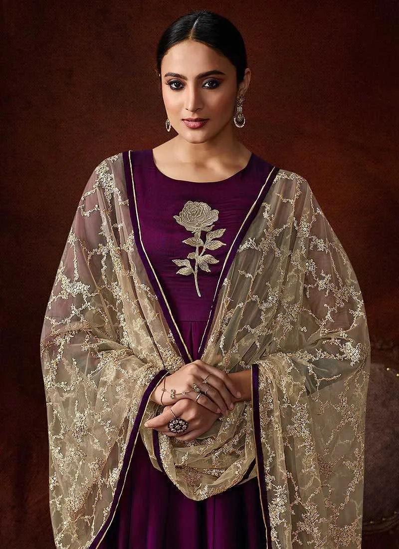 Wine Embroidered Floor Touch Anarkali Style Gown