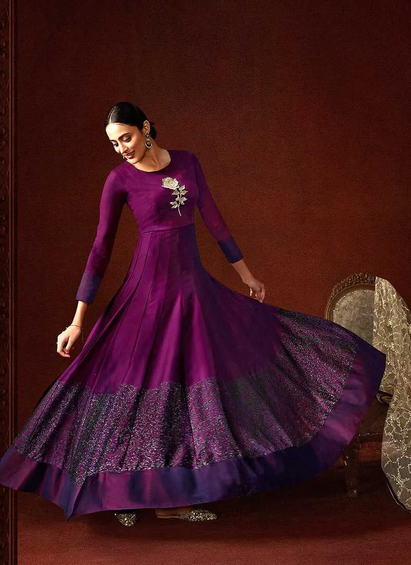 Wine Embroidered Floor Touch Anarkali Style Gown