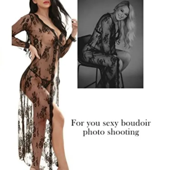 Women Plus Size Long Lace Kimono Dress Nightgown Set Mesh Chemise