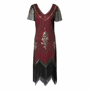 Women's 1920s Dress Sequin Art Deco Flapper Dress with Sleeve