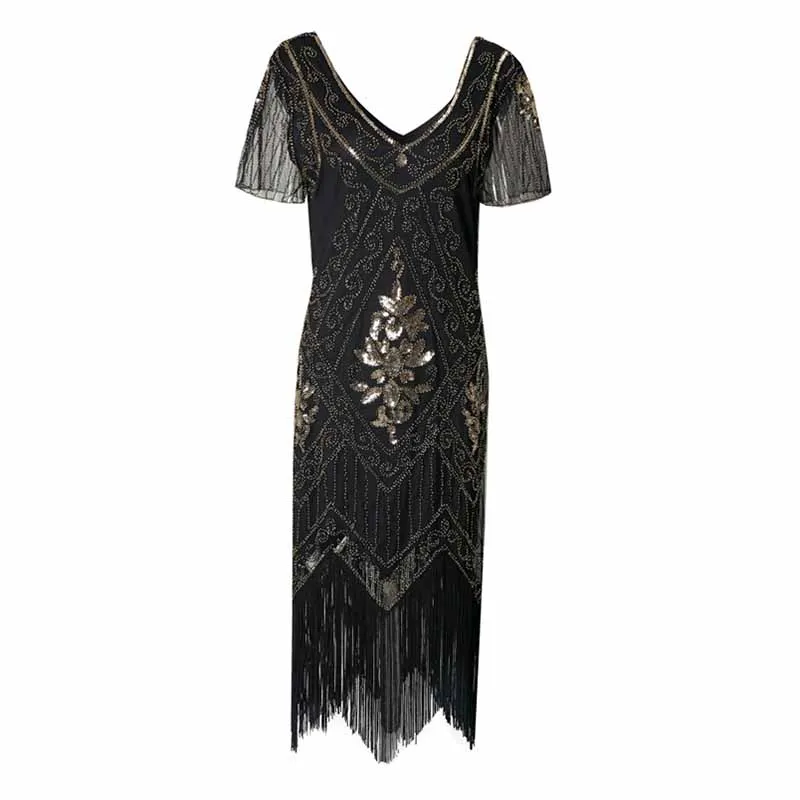 Women's 1920s Dress Sequin Art Deco Flapper Dress with Sleeve