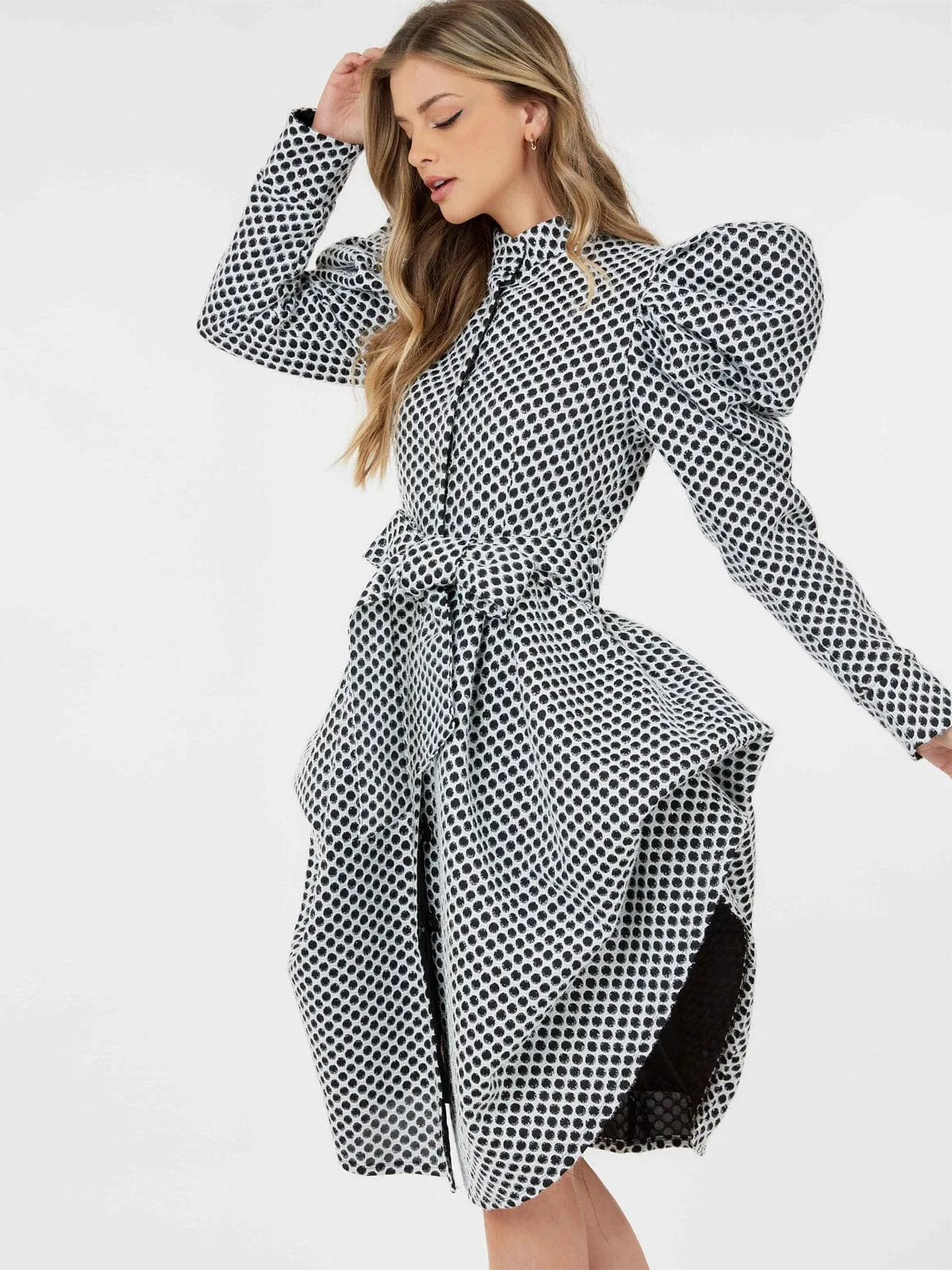 WOMEN'S LONG PUFF SLEEVE BUTTON CLOSURE COLORBLOCK SHIMMER MINI DRESS