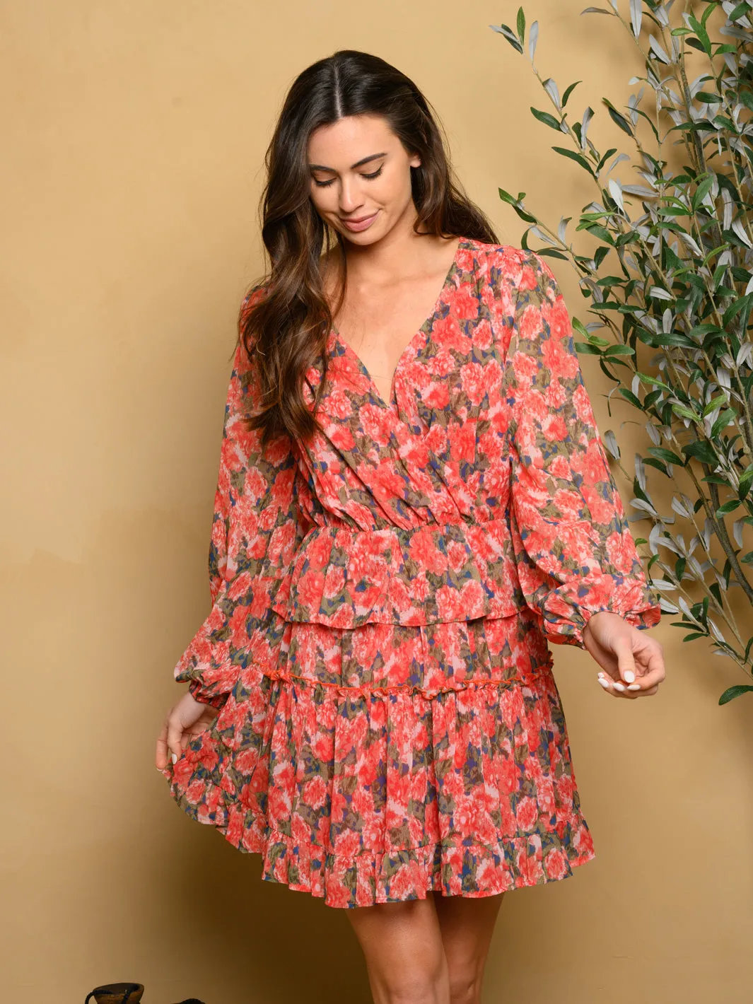 WOMEN'S LONG SLEEVE FLORAL MINI DRESS