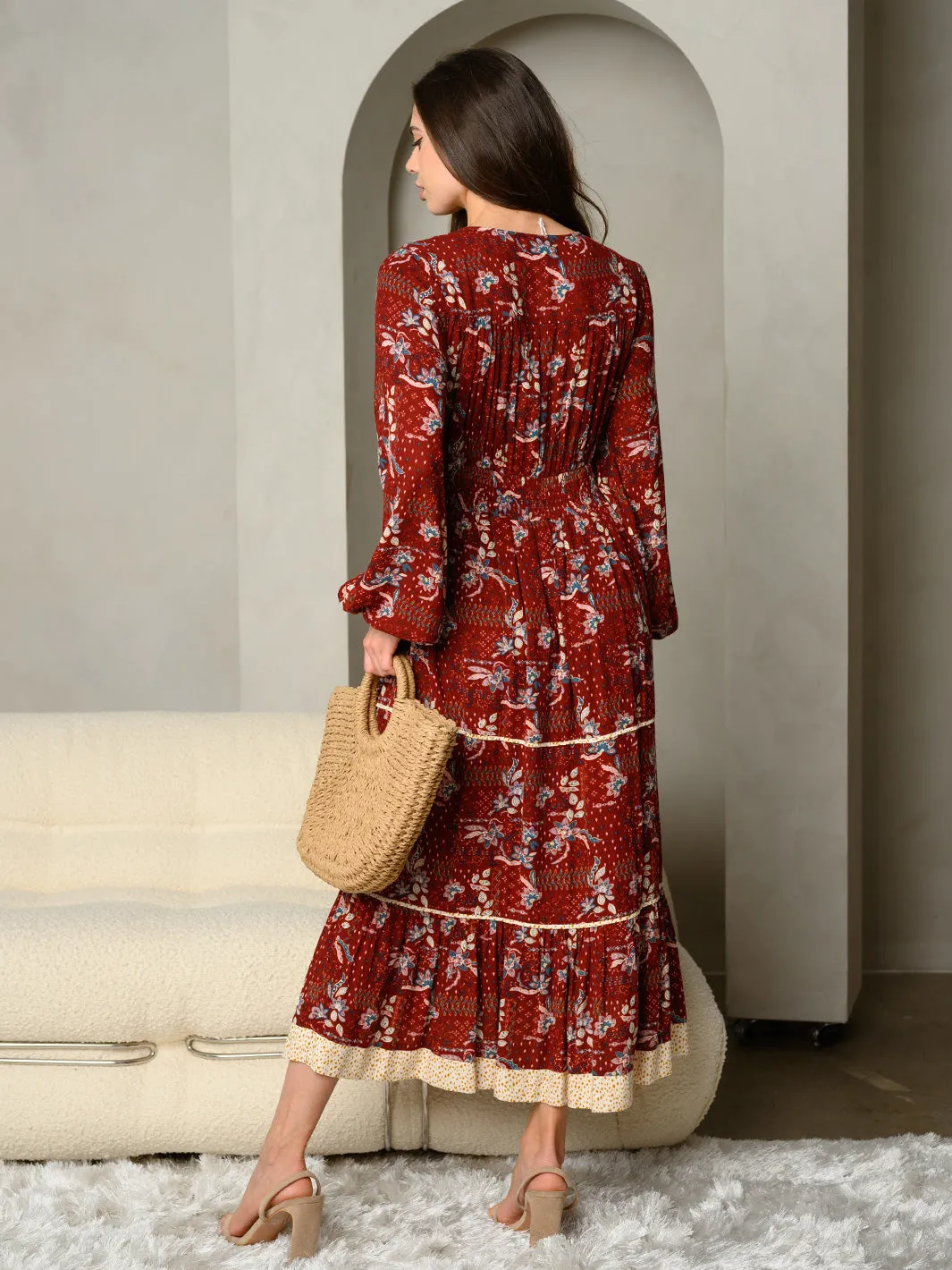 WOMEN'S LONG SLEEVE FLORAL PRINT MAXI DRESS