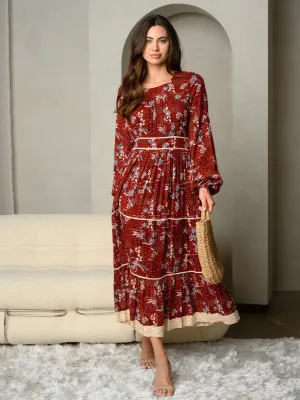 WOMEN'S LONG SLEEVE FLORAL PRINT MAXI DRESS