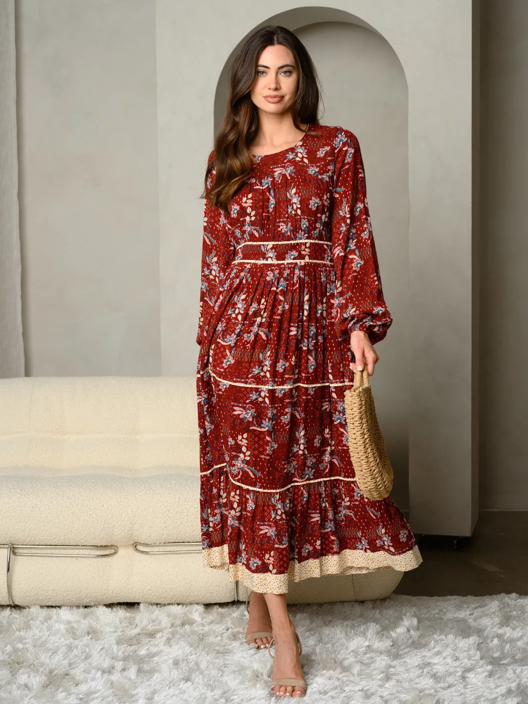 WOMEN'S LONG SLEEVE FLORAL PRINT MAXI DRESS