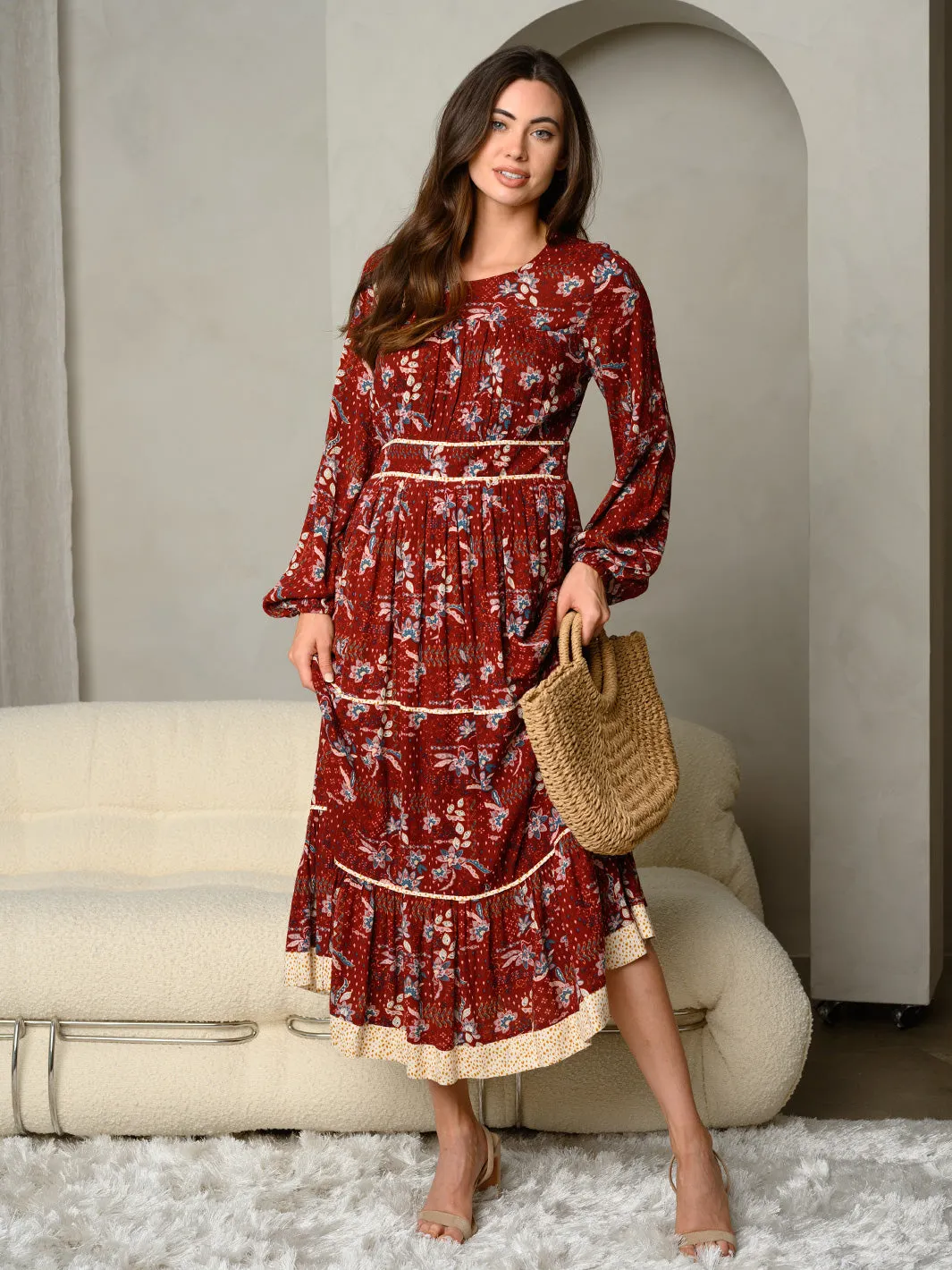 WOMEN'S LONG SLEEVE FLORAL PRINT MAXI DRESS