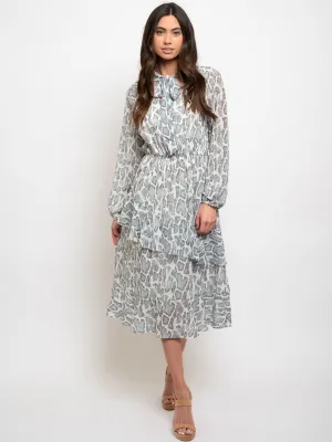 WOMEN'S LONG SLEEVE NECK TIE DETAILED PRINTED MIDI DRESS