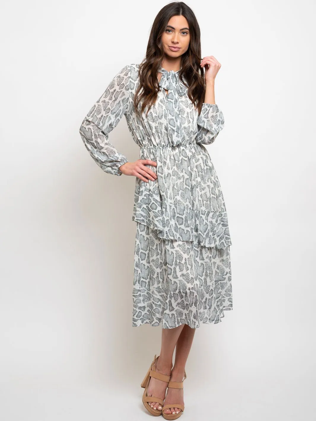 WOMEN'S LONG SLEEVE NECK TIE DETAILED PRINTED MIDI DRESS