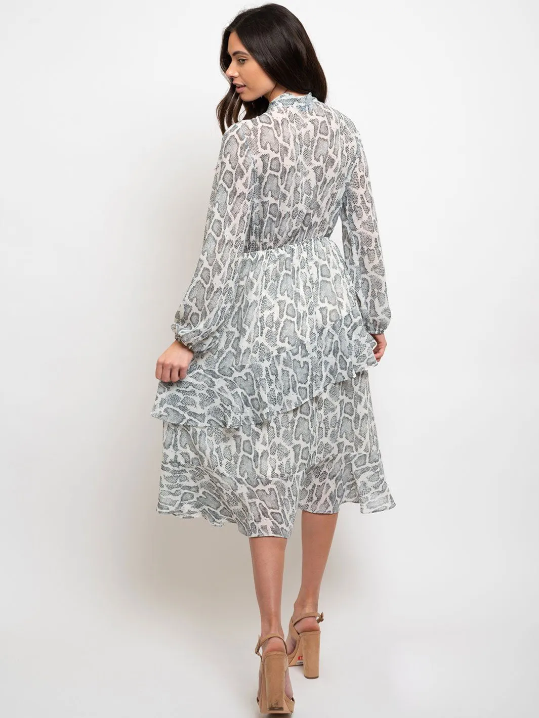 WOMEN'S LONG SLEEVE NECK TIE DETAILED PRINTED MIDI DRESS