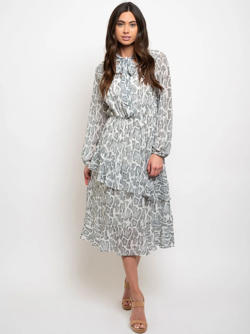 WOMEN'S LONG SLEEVE NECK TIE DETAILED PRINTED MIDI DRESS