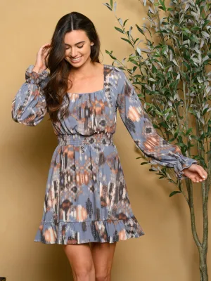 WOMEN'S LONG SLEEVE SMOCKED WAIST WOVEN MINI DRESS