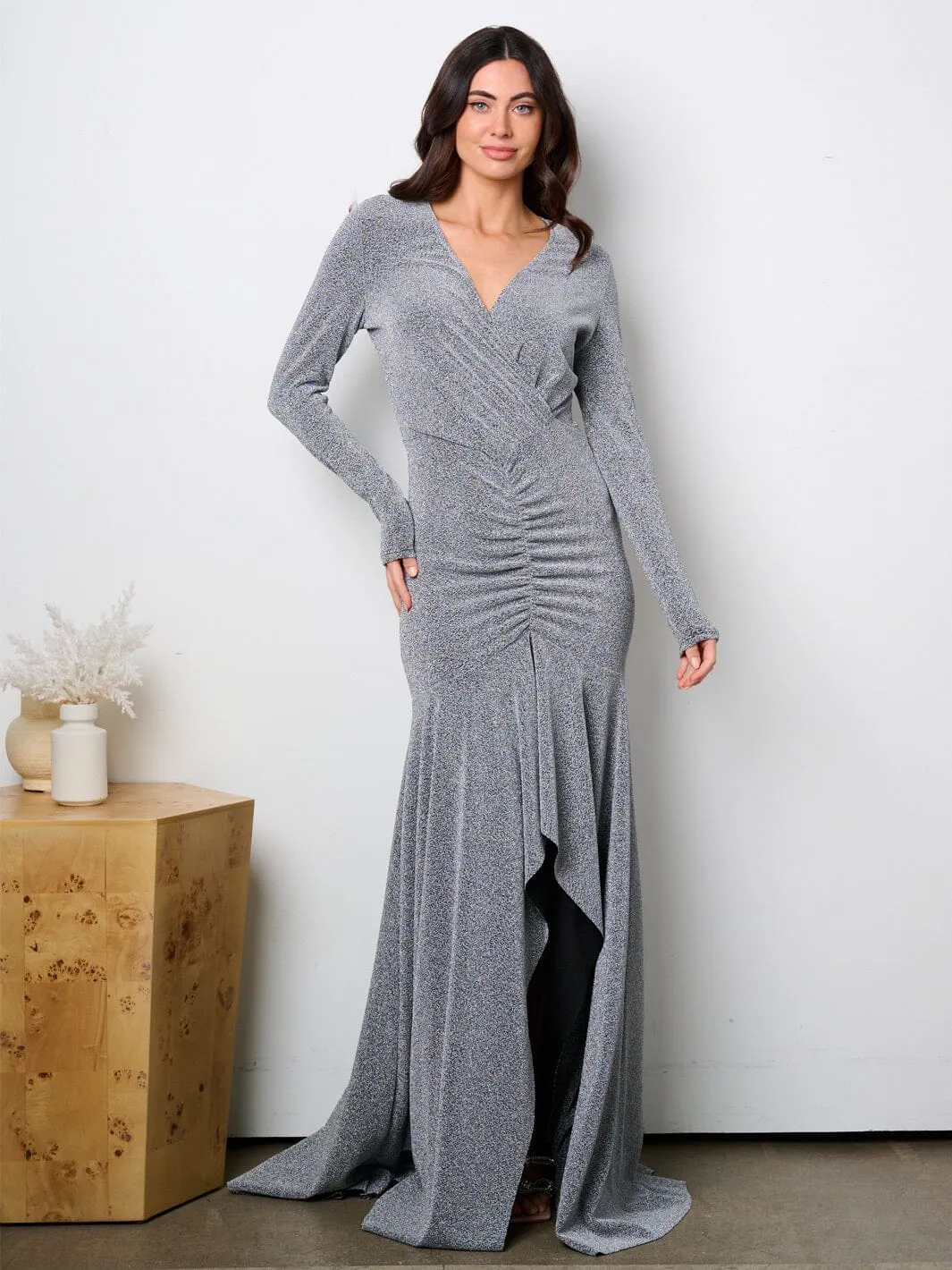 WOMEN'S LONG SLEEVE SURPLICE HIGH-LOW SHIMMER MAXI GOWN DRESS