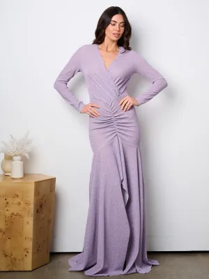 WOMEN'S LONG SLEEVE SURPLICE HIGH-LOW SHIMMER MAXI GOWN DRESS