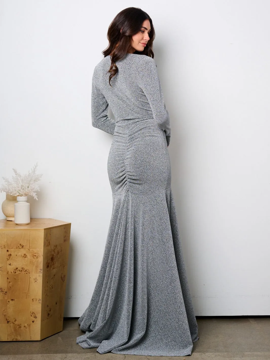 WOMEN'S LONG SLEEVE SURPLICE HIGH-LOW SHIMMER MAXI GOWN DRESS