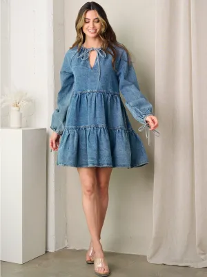 WOMEN'S LONG SLEEVE TIERED DENIM BABYDOLL MINI DRESS