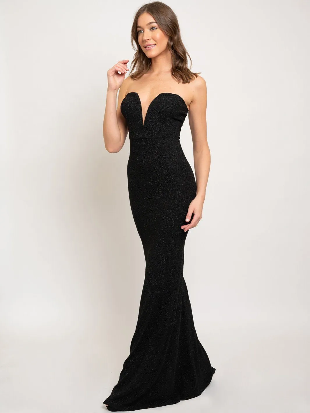 WOMEN'S LONG STRAPLESS V-NECK GOWN DRESS