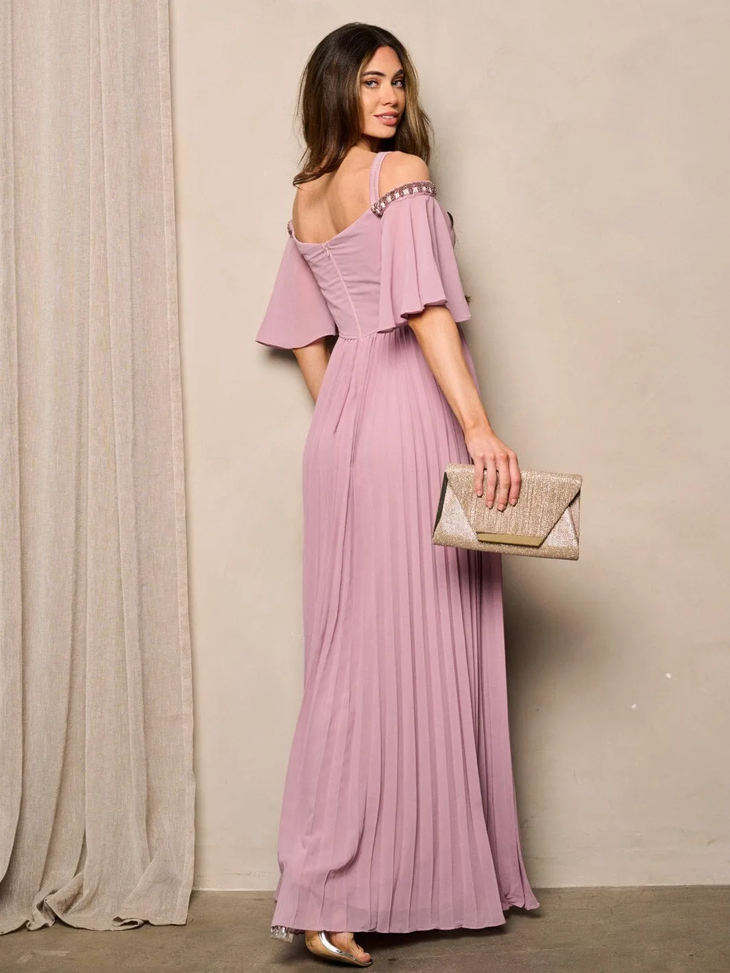 WOMEN'S SHORT SLEEVE OFF SHOULDER V-NECK PLEATED MAXI DRESS