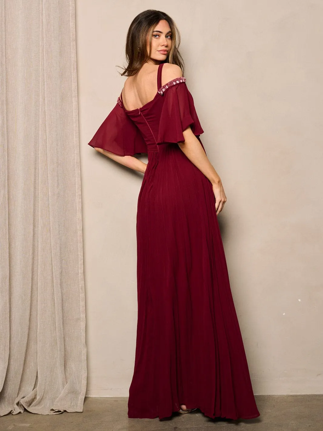 WOMEN'S SHORT SLEEVE OFF SHOULDER V-NECK PLEATED MAXI DRESS