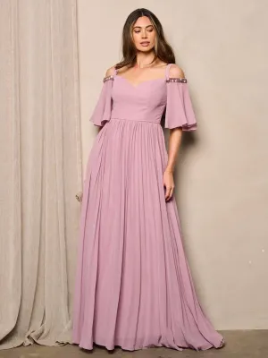 WOMEN'S SHORT SLEEVE OFF SHOULDER V-NECK PLEATED MAXI DRESS